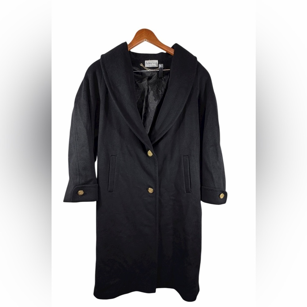 Ashley Scott Black 100% Wool Long Coat Gold Buttons Made in USA XL vintage - Picture 3 of 13
